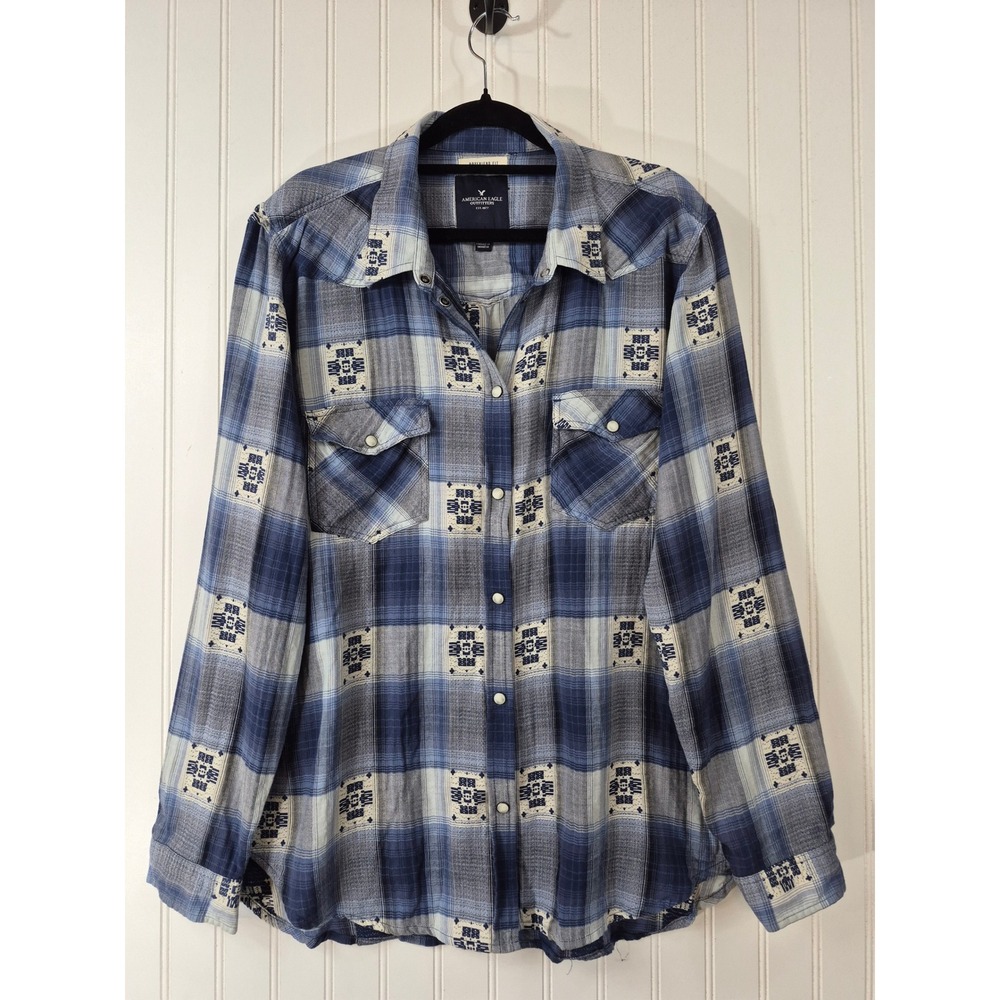 American Eagle Blue Plaid Aztec Southwestern Pearl Snap Buttons Shirt XL Casual